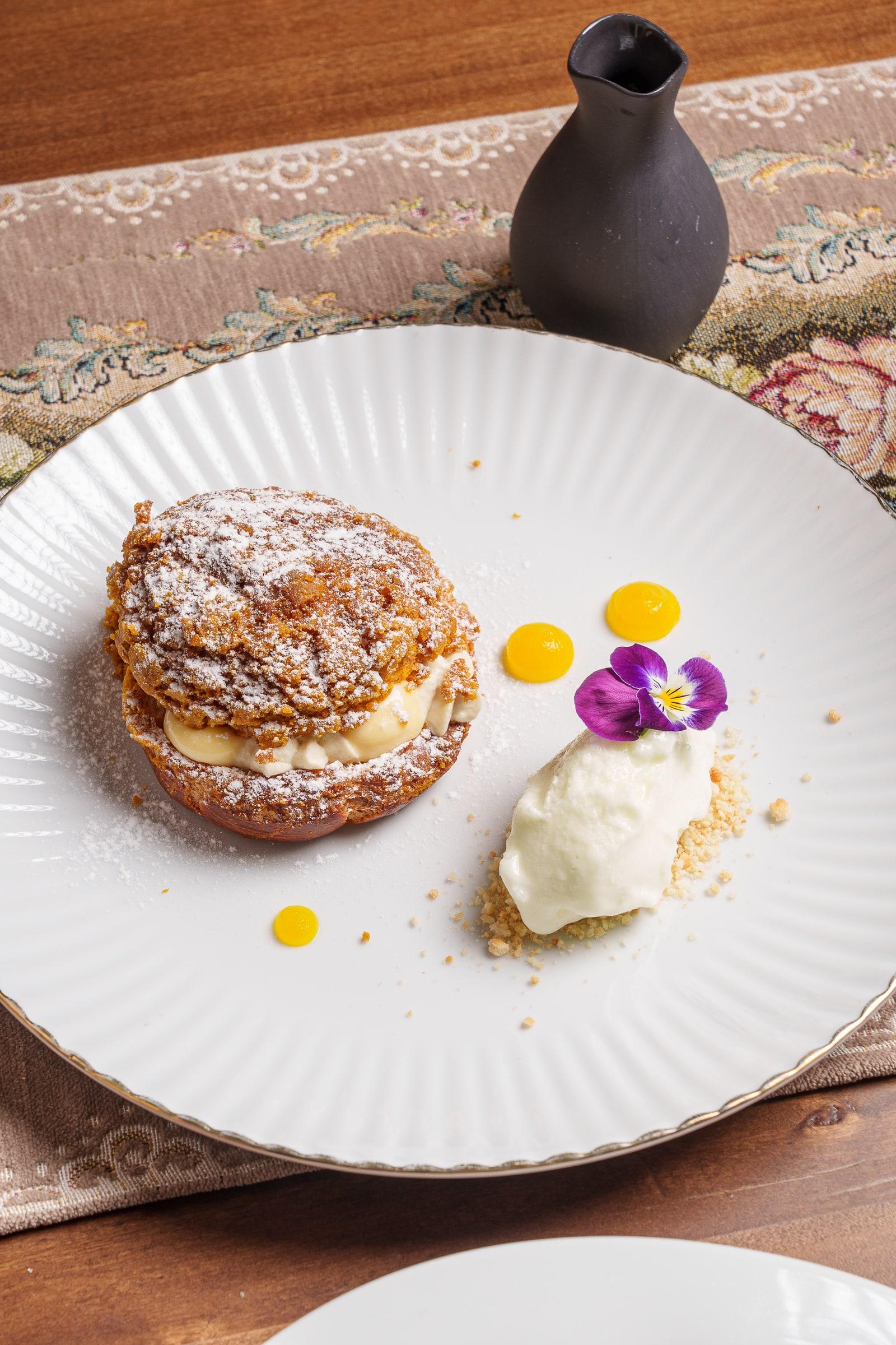 Craquelin choux with lemon cream and apple sorbet